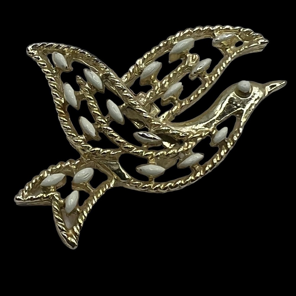 Vintage Gerrys Dove Brooch Gold Tone White Enamel Bird Pin